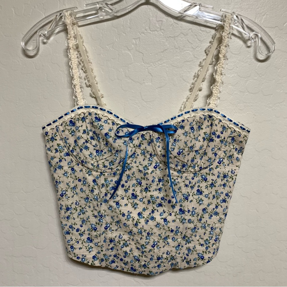 NWT Blue and Cream Bustier Camisole with Ribbon Bow